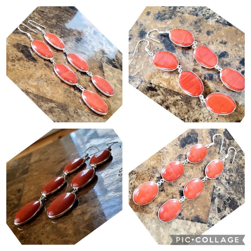 Genuine Solid Red Agate Drop Earrings 4" Long - image 3